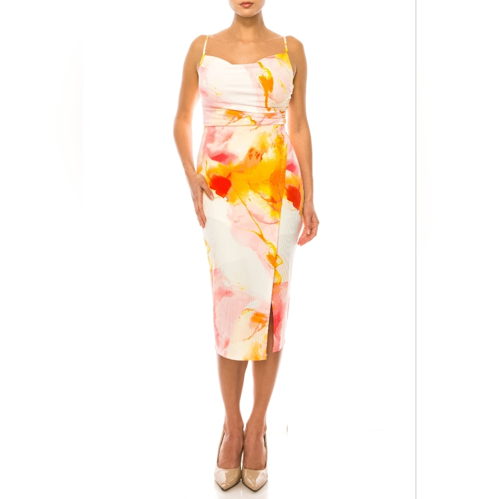 Laundry Mulit Color Cowl Neck Front Slit Dress(HV03D19)